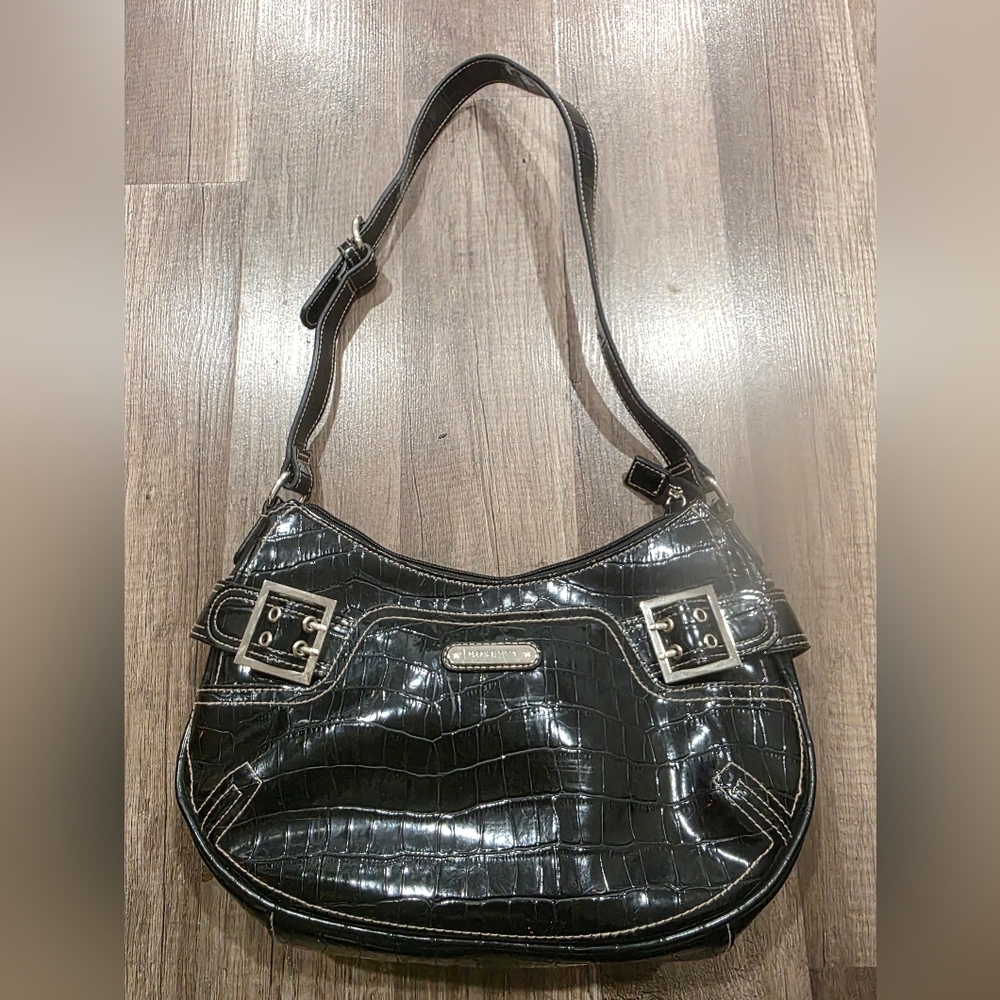 ROSETTI Y2K CROC EMBOSSED BLACK LUNE CROISSANT BAG Shoulder Preppy 2000s Shiny